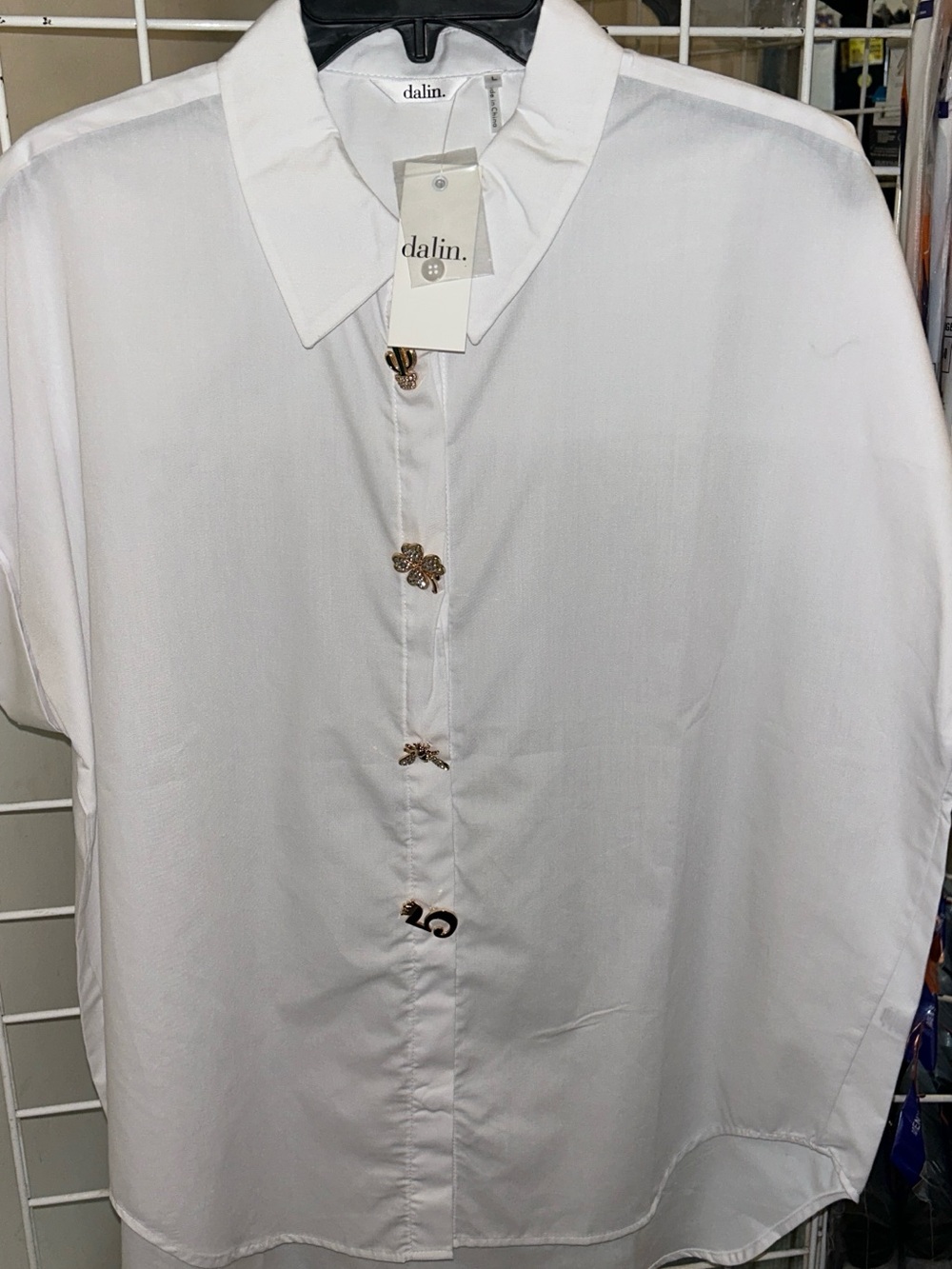 Dalin White Short-Sleeve Button-Front Shirt with Gold Accents